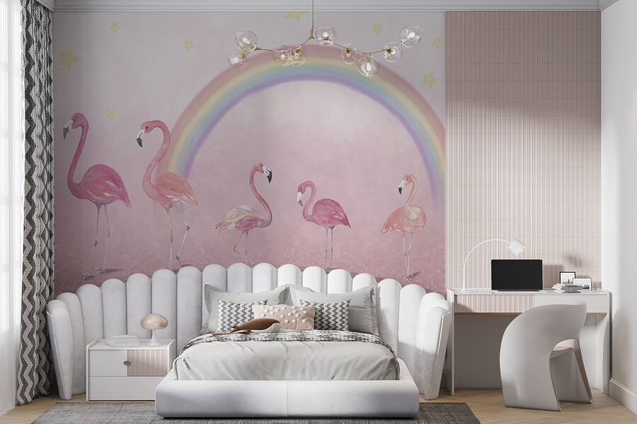 Gruppe von Flamingos mit einem Regenbogen Gruppe von Flamingos mit einem Regenbogen