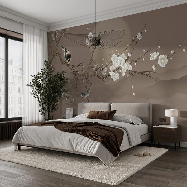 Baumzweig mit weißen Blumen und einem Vogel darauf Baumzweig mit weißen Blumen und einem Vogel darauf