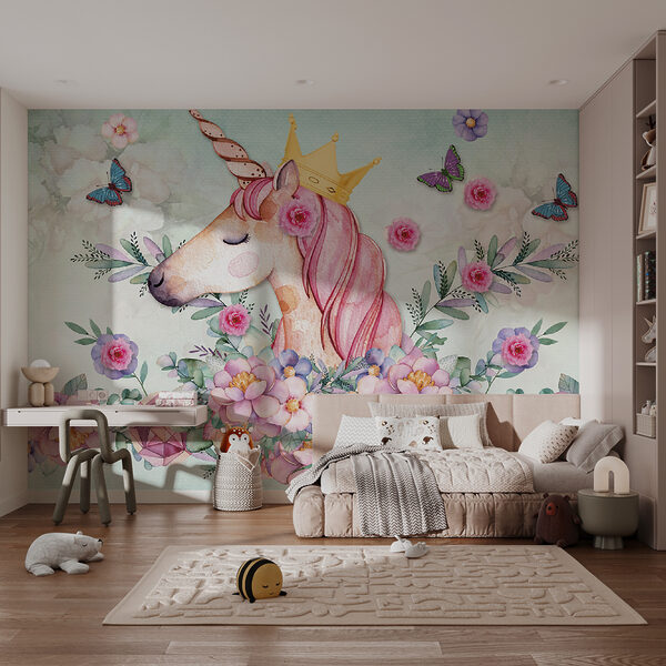 Aquarell Einhorn mit einer Krone und Blumen Aquarell Einhorn mit einer Krone und Blumen