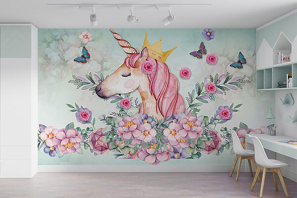 Aquarell Einhorn mit einer Krone und Blumen Aquarell Einhorn mit einer Krone und Blumen