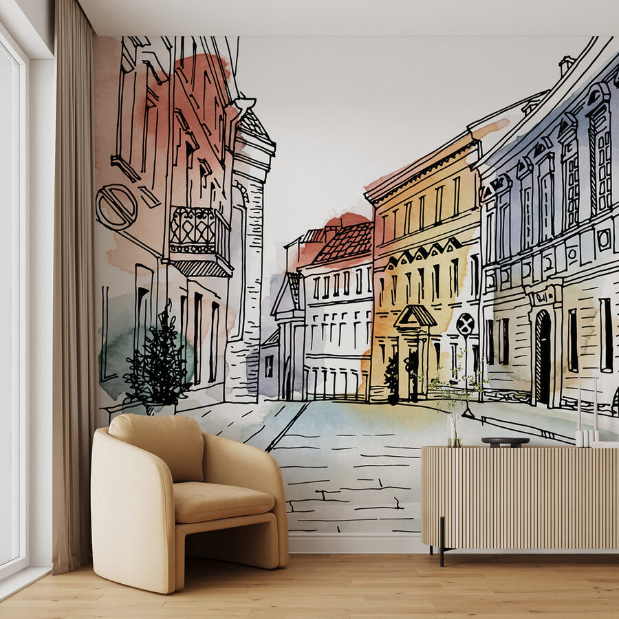 Zeichnung einer Straße mit Gebäuden Zeichnung einer Straße mit Gebäuden