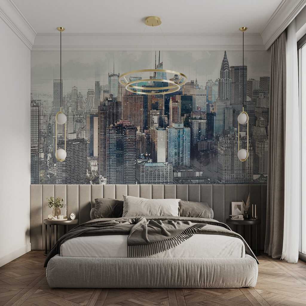 City skyline with many tall buildings