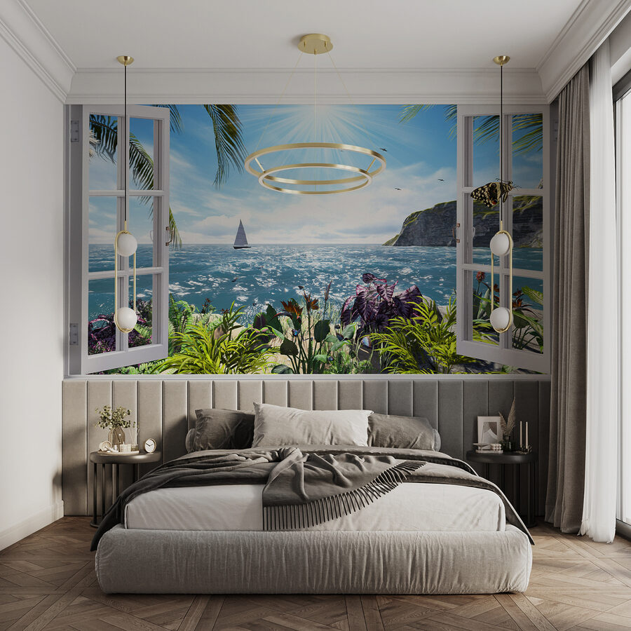 Fenster mit Blick auf das Meer und ein Segelboot