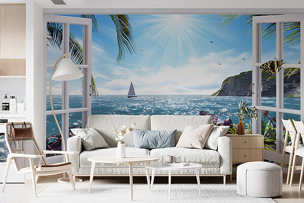Fenster mit Blick auf das Meer und ein Segelboot Fenster mit Blick auf das Meer und ein Segelboot