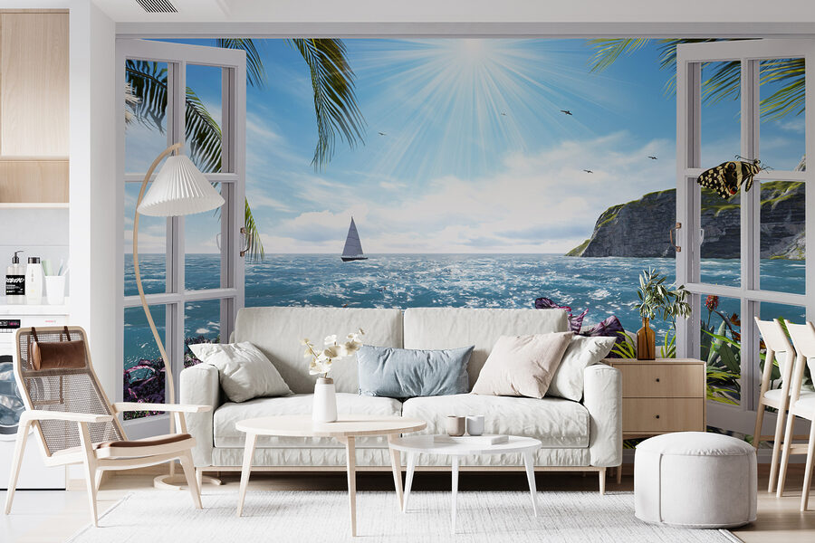 Fenster mit Blick auf das Meer und ein Segelboot