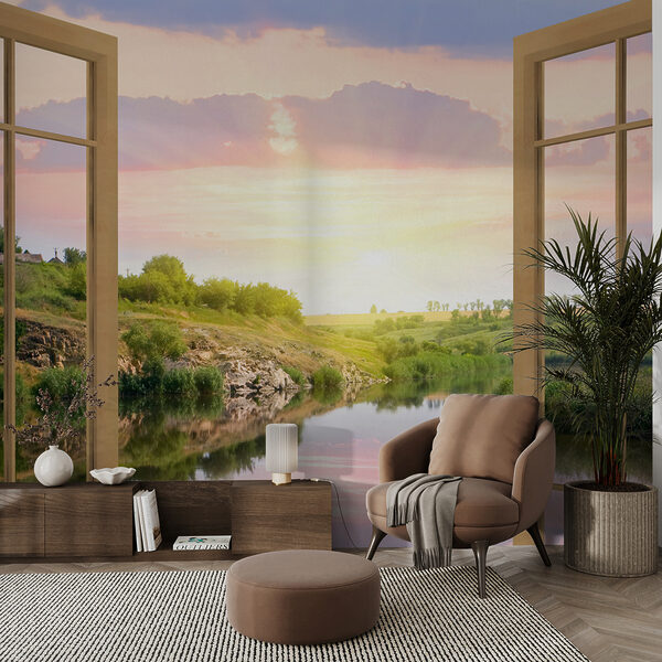 Fenster mit Blick auf einen Fluss und einen grasbewachsenen Hügel Fenster mit Blick auf einen Fluss und einen grasbewachsenen Hügel