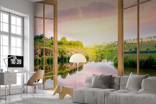 Fenster mit Blick auf einen Fluss und einen grasbewachsenen Hügel Fenster mit Blick auf einen Fluss und einen grasbewachsenen Hügel