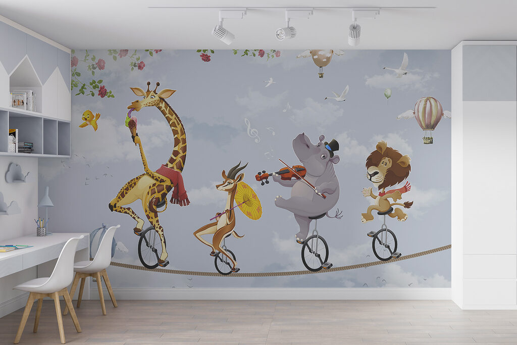 Group of animals riding unicycle Group of animals riding unicycle