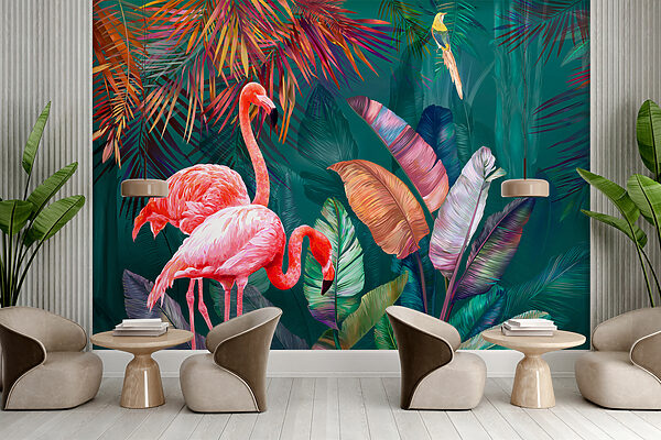 Flamingos und bunte Blätter Flamingos und bunte Blätter
