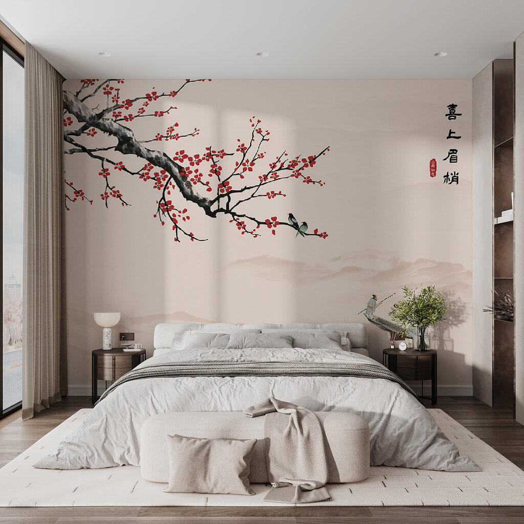 Tree branch with red flowers and a man on a boat