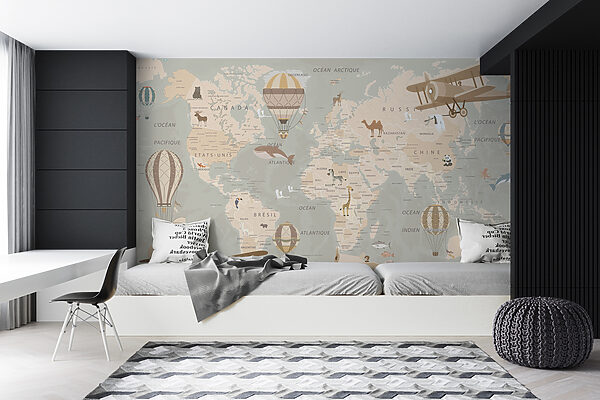 Weltkarte mit Flugzeugen und Heißluftballons Weltkarte mit Flugzeugen und Heißluftballons