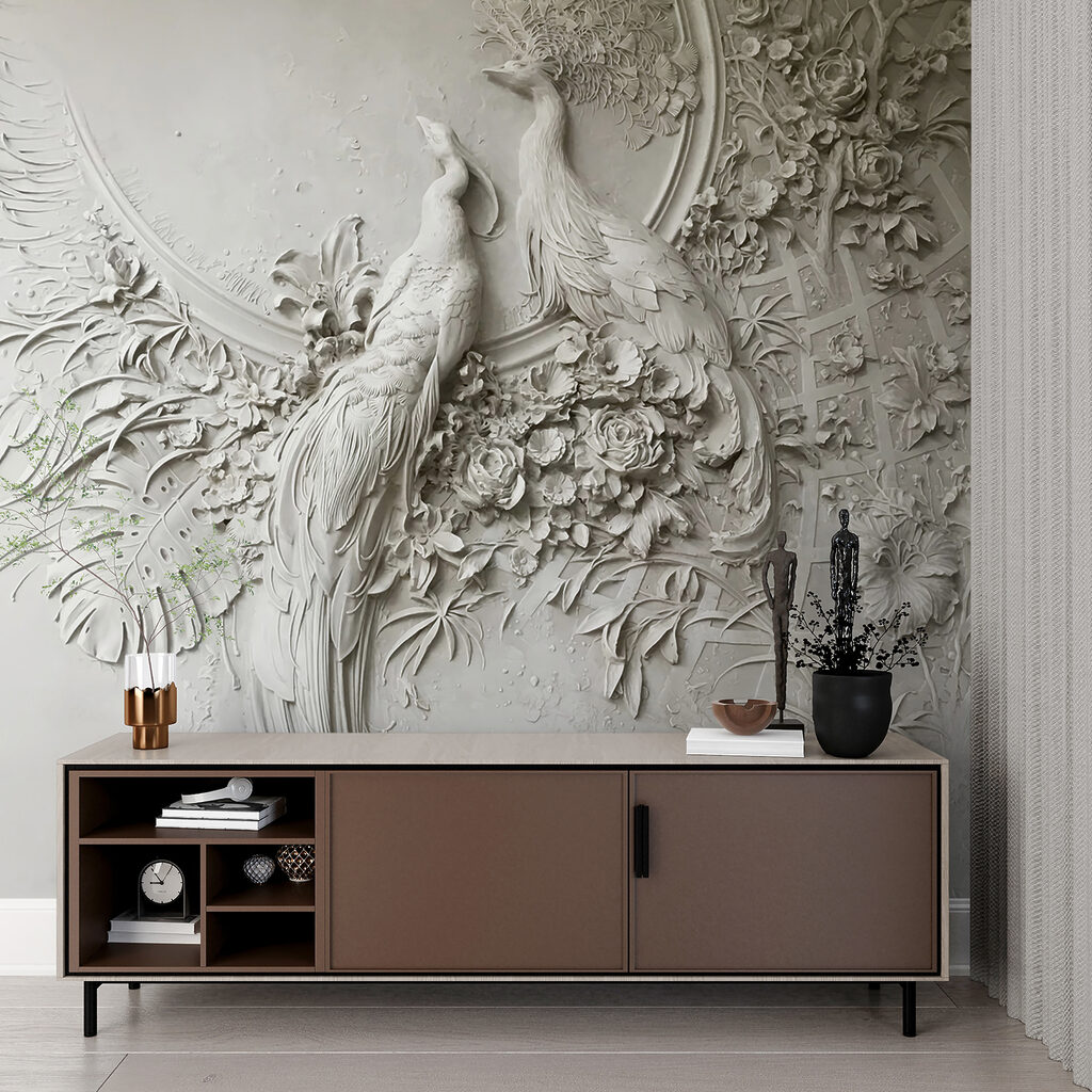 White wall with a couple of birds and flowers