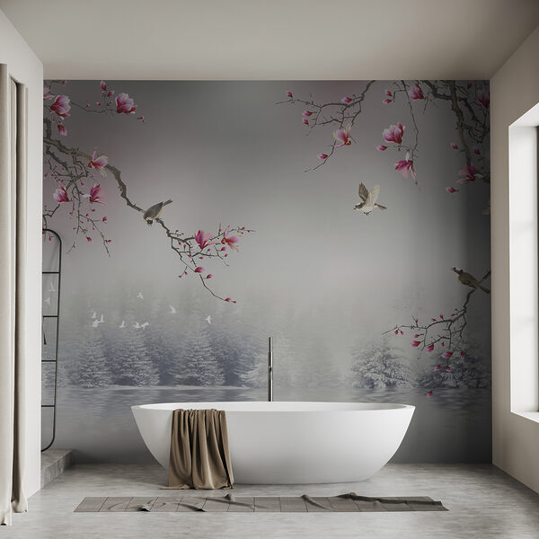 Baumzweige mit rosa Blüten und Vögel, die über Wasser fliegen Baumzweige mit rosa Blüten und Vögel, die über Wasser fliegen