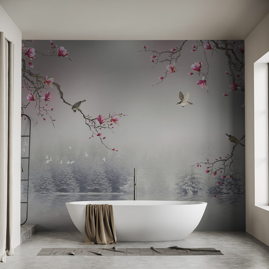 Baumzweige mit rosa Blüten und Vögel, die über Wasser fliegen