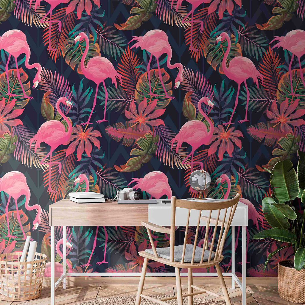 A pattern of pink flamingos and leaves