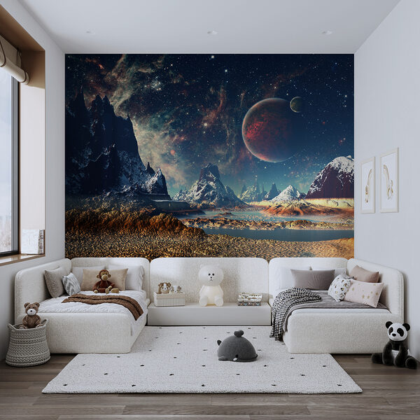Landschaft aus Bergen und Wasser mit Planeten und Sternen Landschaft aus Bergen und Wasser mit Planeten und Sternen