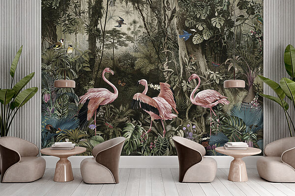 Group of pink flamingos in a forest