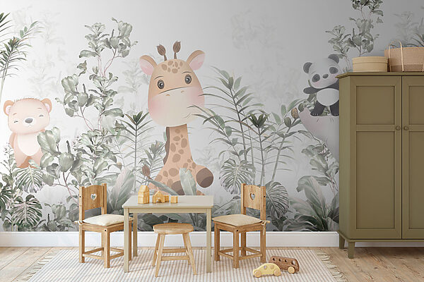 Giraffe und Panda in einem Wald Giraffe und Panda in einem Wald