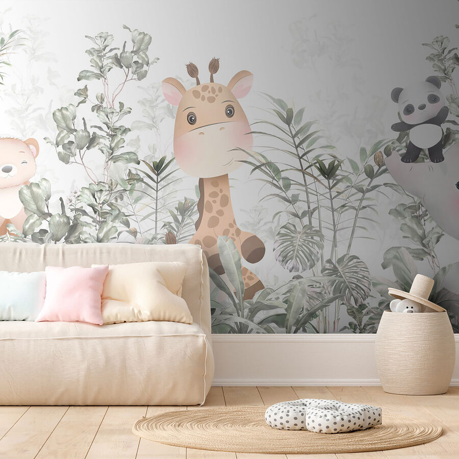 Giraffe und Panda in einem Wald