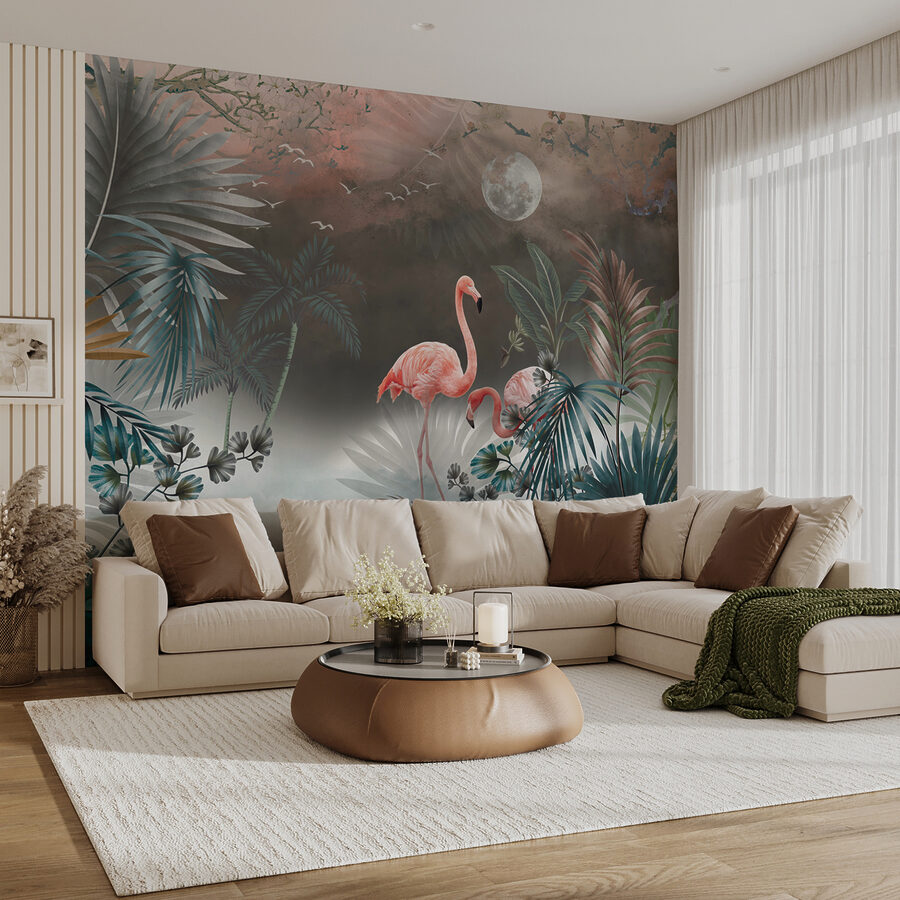 Malerei von Flamingos und Pflanzen Malerei von Flamingos und Pflanzen