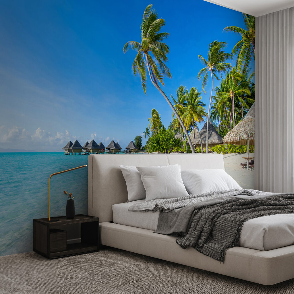 Beach with palm trees and huts