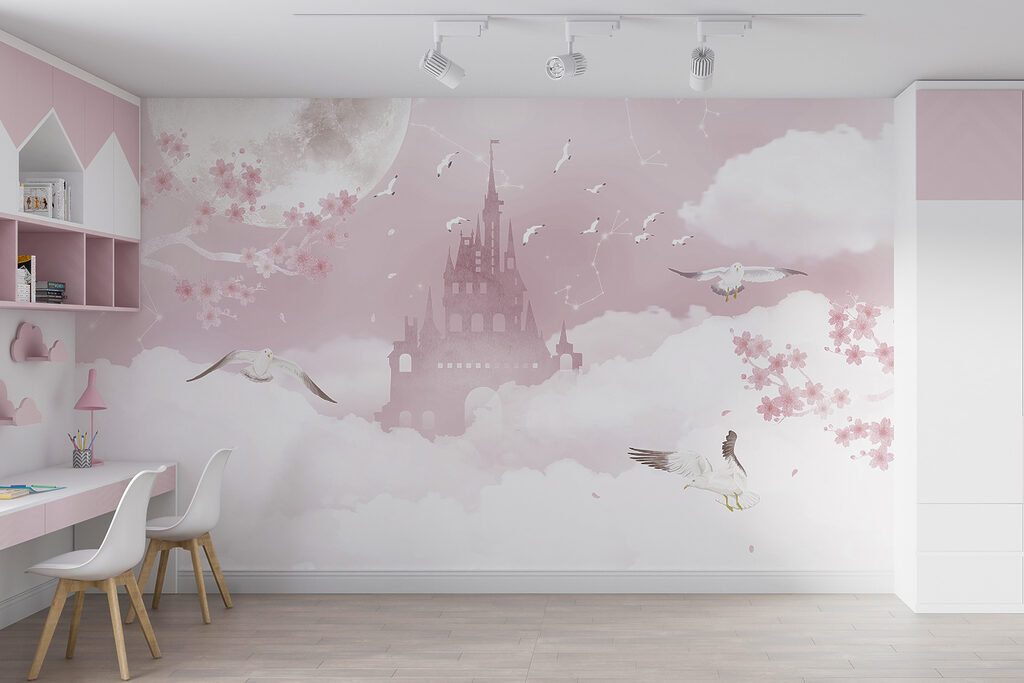 Castle with birds flying in the sky