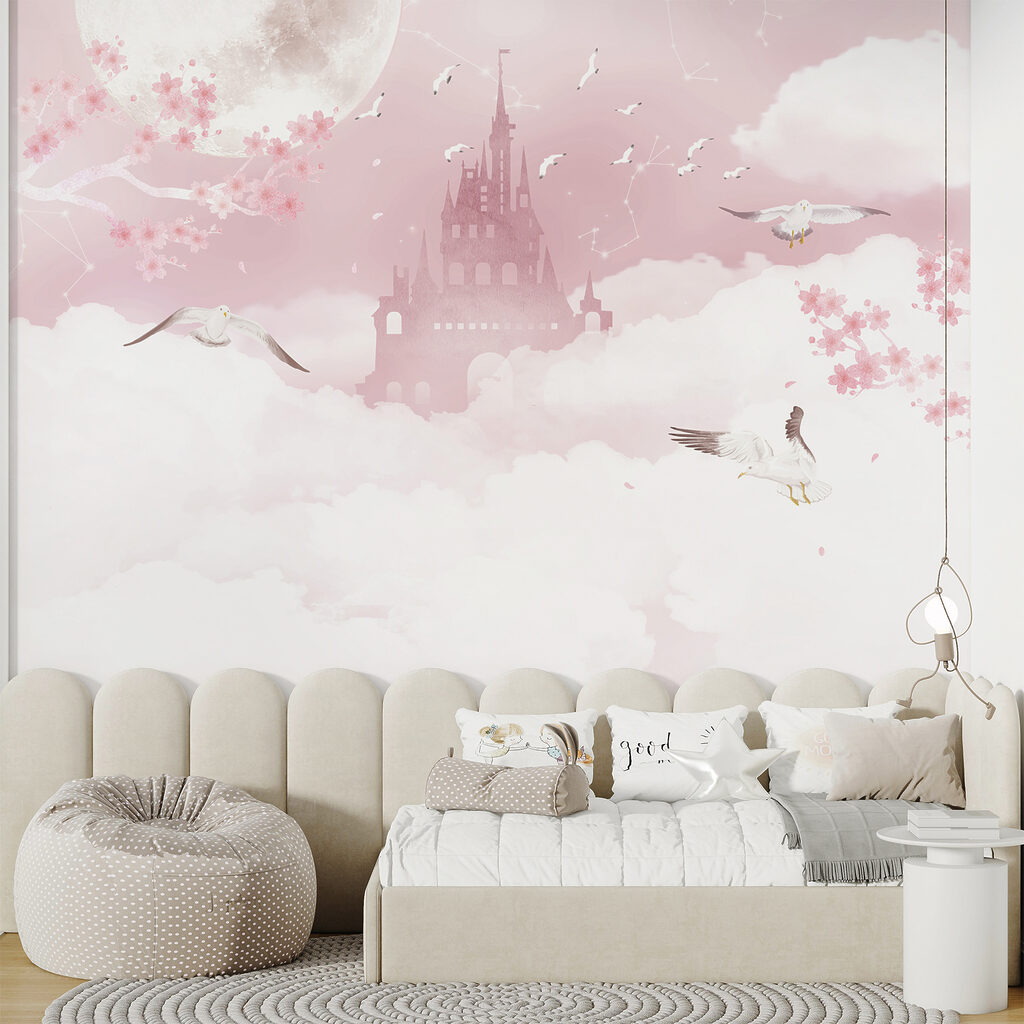 Castle with birds flying in the sky