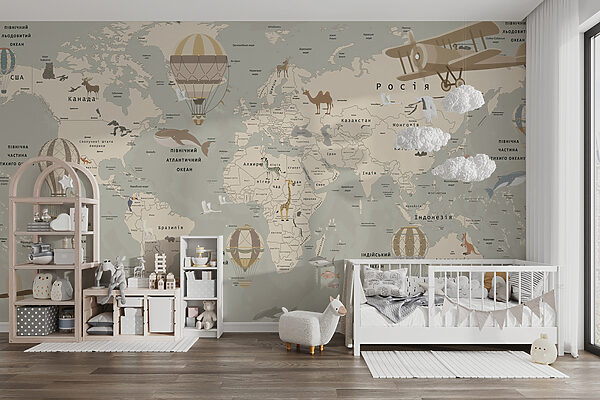 Weltkarte mit Flugzeugen und Tieren Weltkarte mit Flugzeugen und Tieren