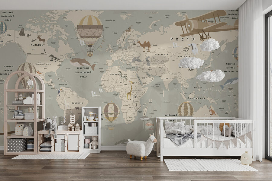 Weltkarte mit Flugzeugen und Tieren