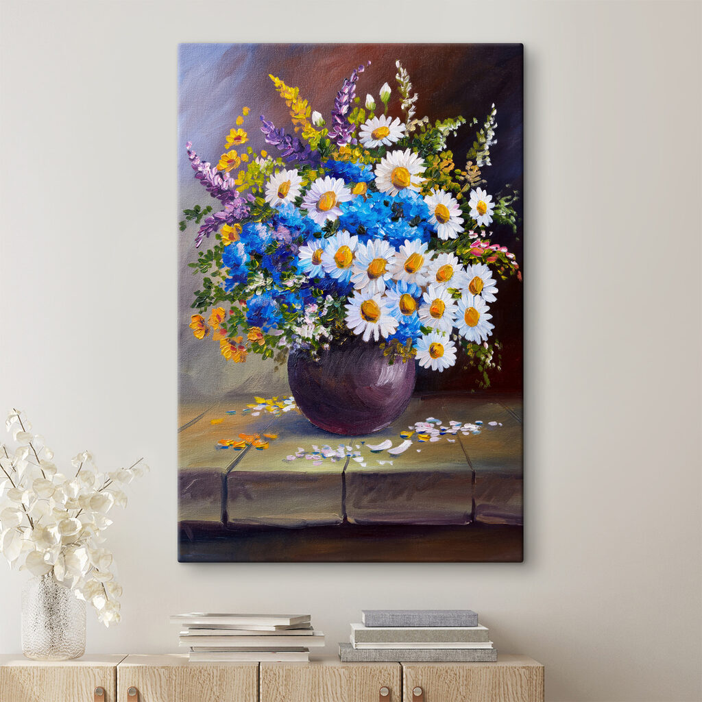 A painting of flowers in a vase A painting of flowers in a vase