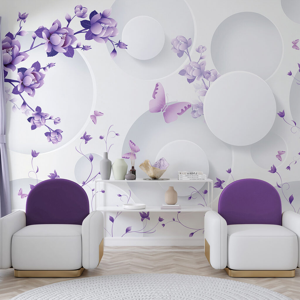 Purple flowers and white circles with purple butterflies