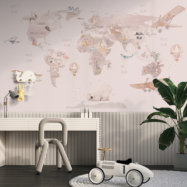 Weltkarte mit Flugzeugen und Eisbären Weltkarte mit Flugzeugen und Eisbären