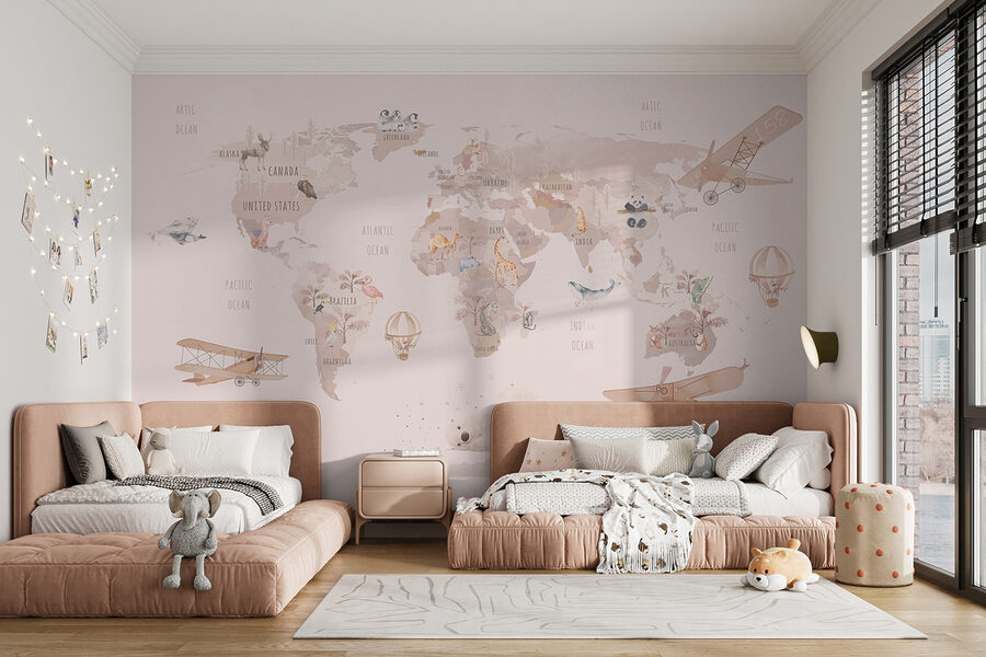 Weltkarte mit Flugzeugen und Eisbären