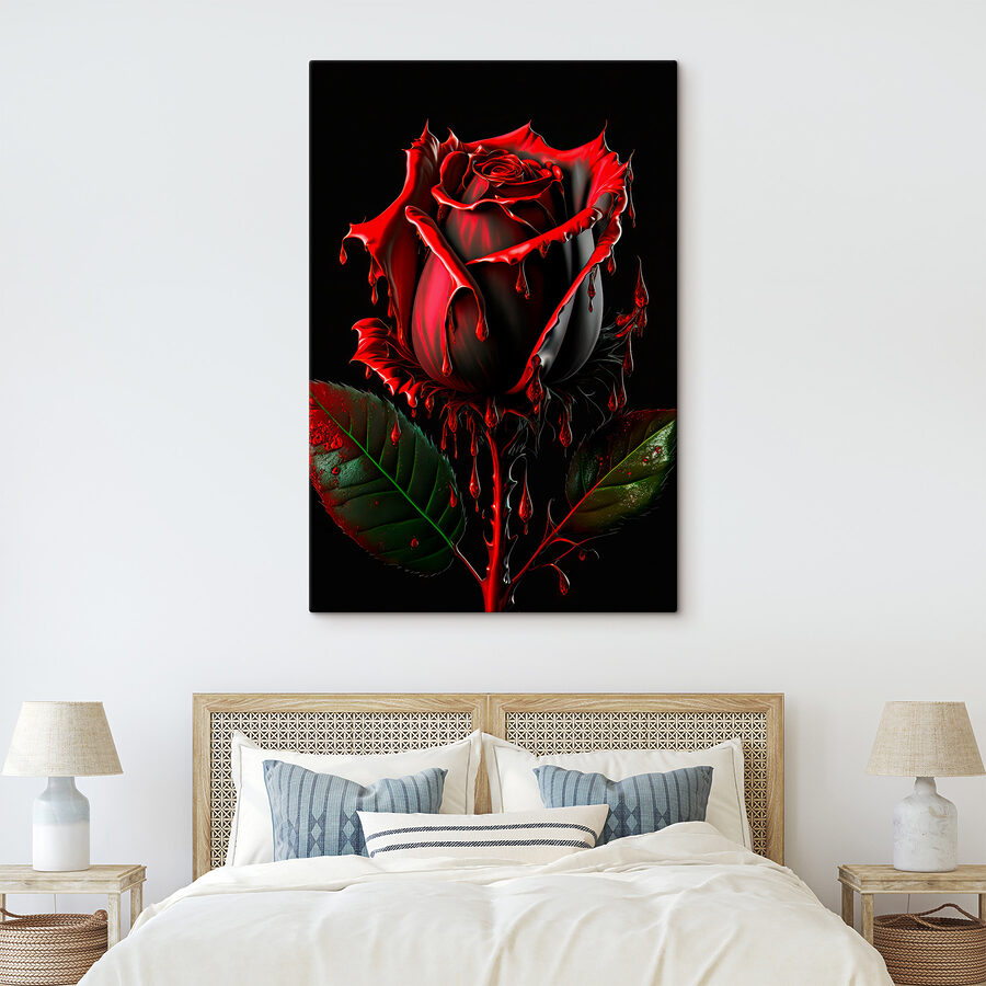 Eine rote Rose mit grünen Blättern und tropfender roter Farbe