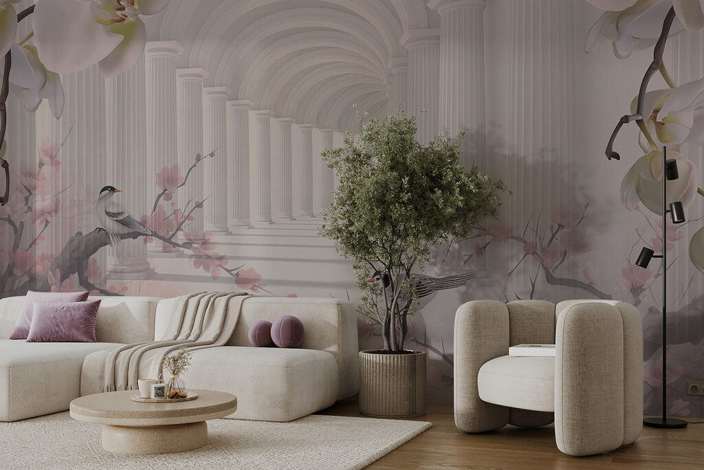 White archway with white columns and birds