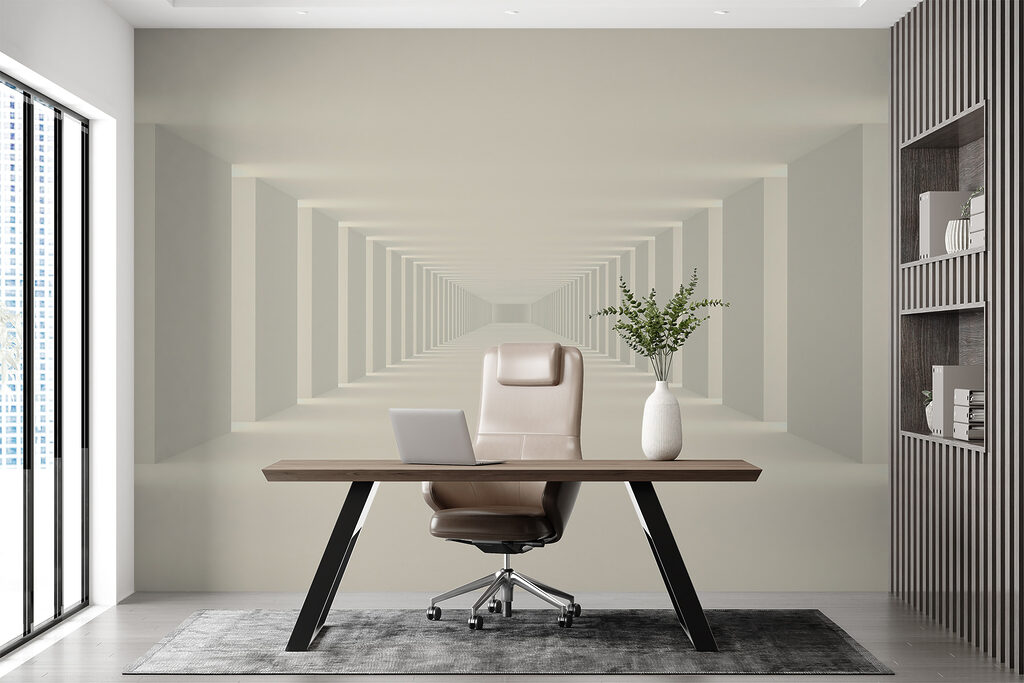 Long white room with columns