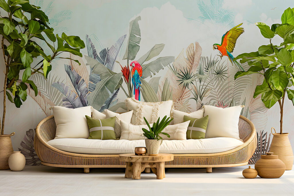 Wallpaper with tropical plants and birds Wallpaper with tropical plants and birds
