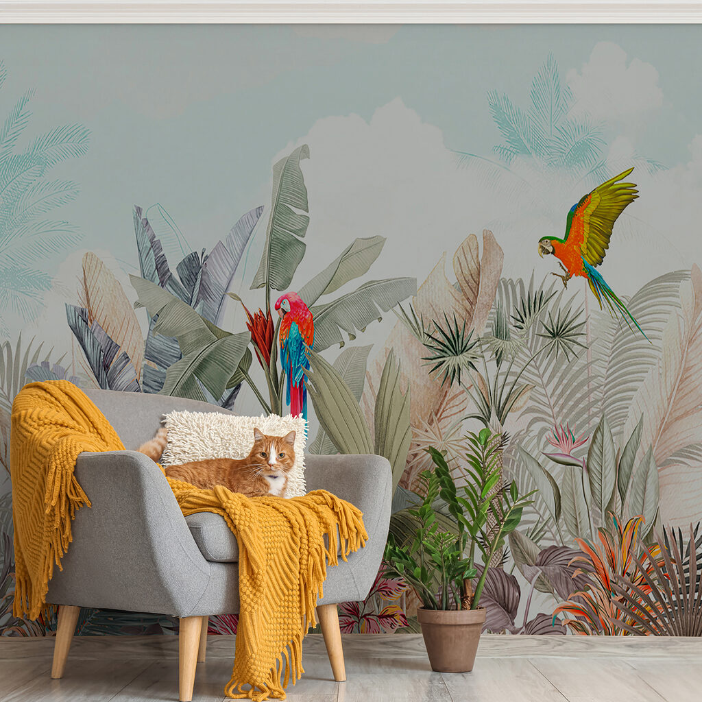 Wallpaper with tropical plants and birds Wallpaper with tropical plants and birds
