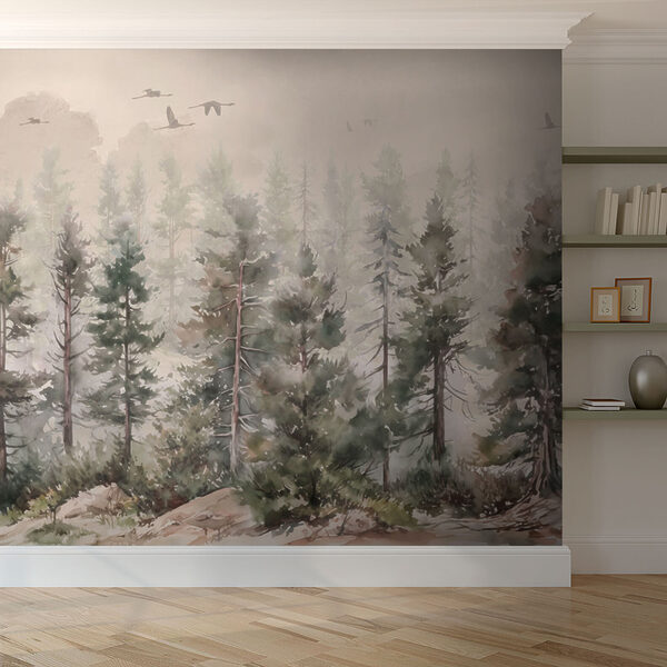 Aquarell von Bäumen und Vögeln, die über einen nebligen Wald fliegen Aquarell von Bäumen und Vögeln, die über einen nebligen Wald fliegen