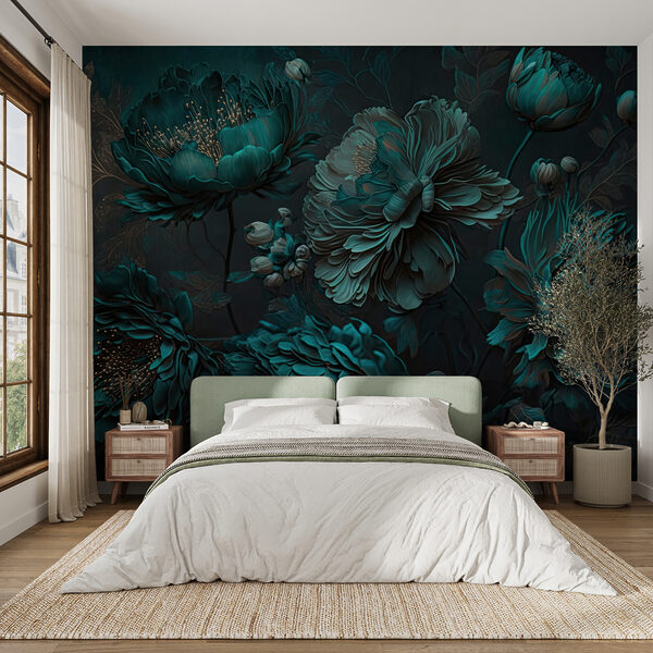 Elegantes tealfarbenes Blumenarrangement auf Leinwand. Elegantes tealfarbenes Blumenarrangement auf Leinwand.