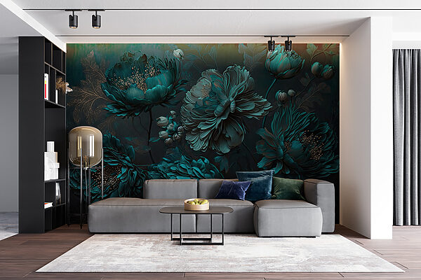 Elegantes tealfarbenes Blumenarrangement auf Leinwand. Elegantes tealfarbenes Blumenarrangement auf Leinwand.