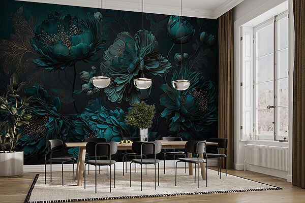 Elegantes tealfarbenes Blumenarrangement auf Leinwand. Elegantes tealfarbenes Blumenarrangement auf Leinwand.
