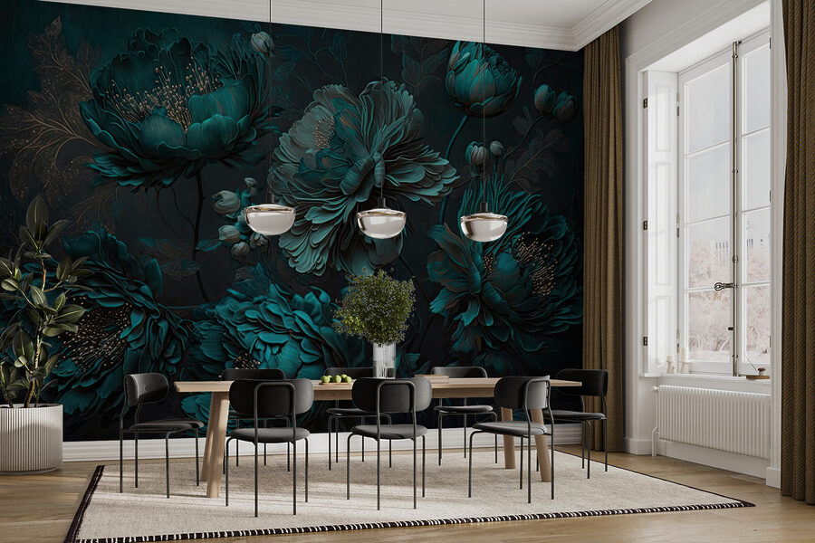 Elegantes tealfarbenes Blumenarrangement auf Leinwand.
