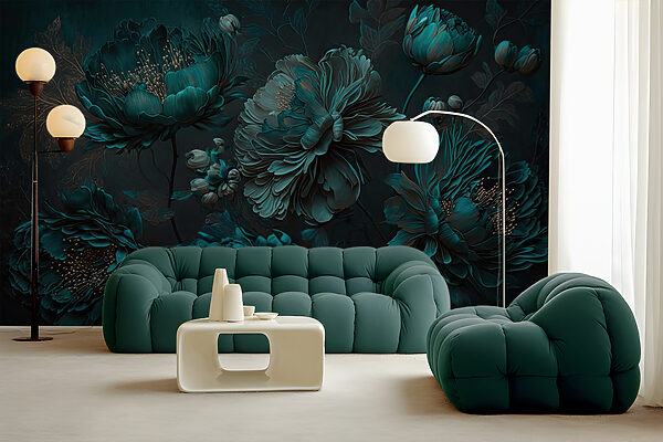 Elegantes tealfarbenes Blumenarrangement auf Leinwand. Elegantes tealfarbenes Blumenarrangement auf Leinwand.