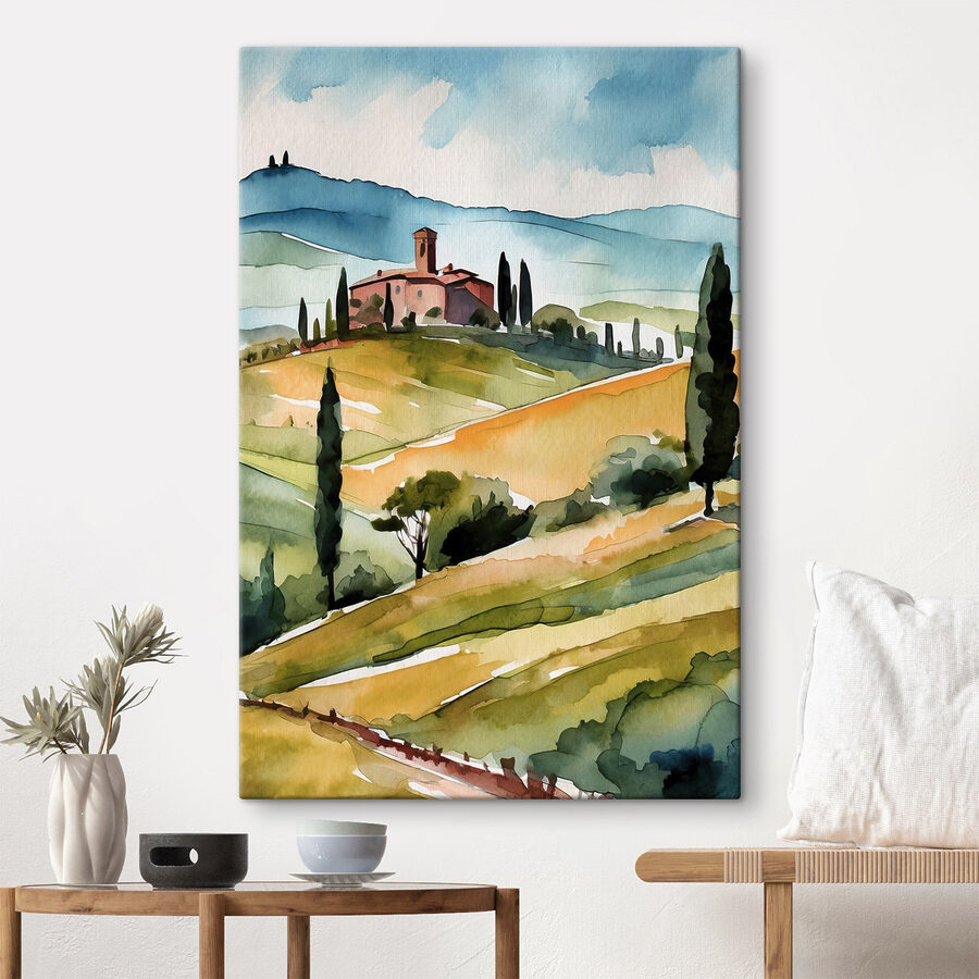 Aquarell eines Hauses auf einem Hügel mit Bäumen und Hügeln