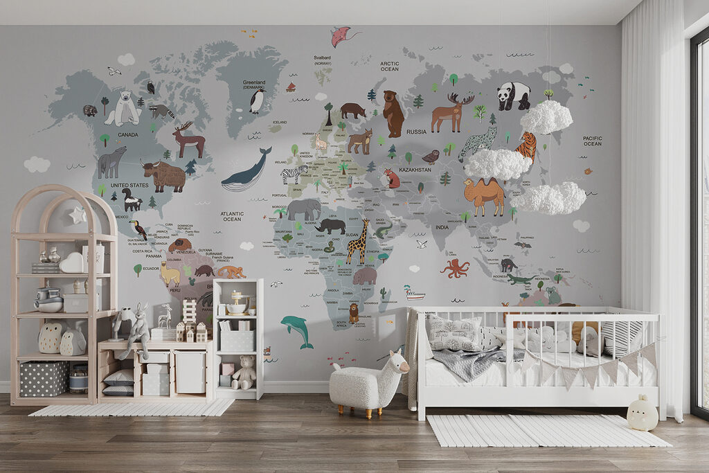Map of the world with animals