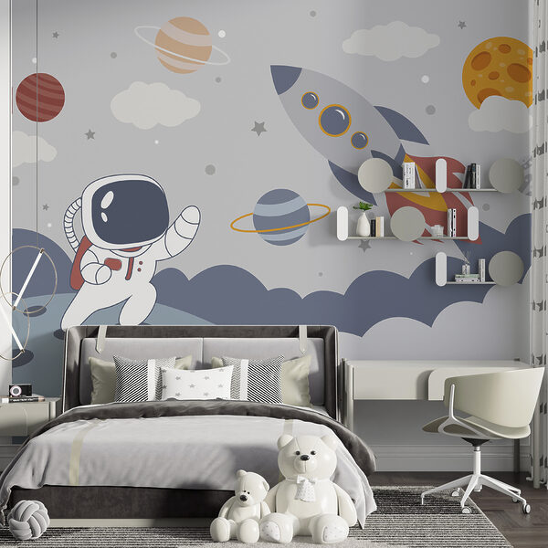 Cartoon eines Astronauten auf einem Planeten mit einer Rakete am Himmel Cartoon eines Astronauten auf einem Planeten mit einer Rakete am Himmel