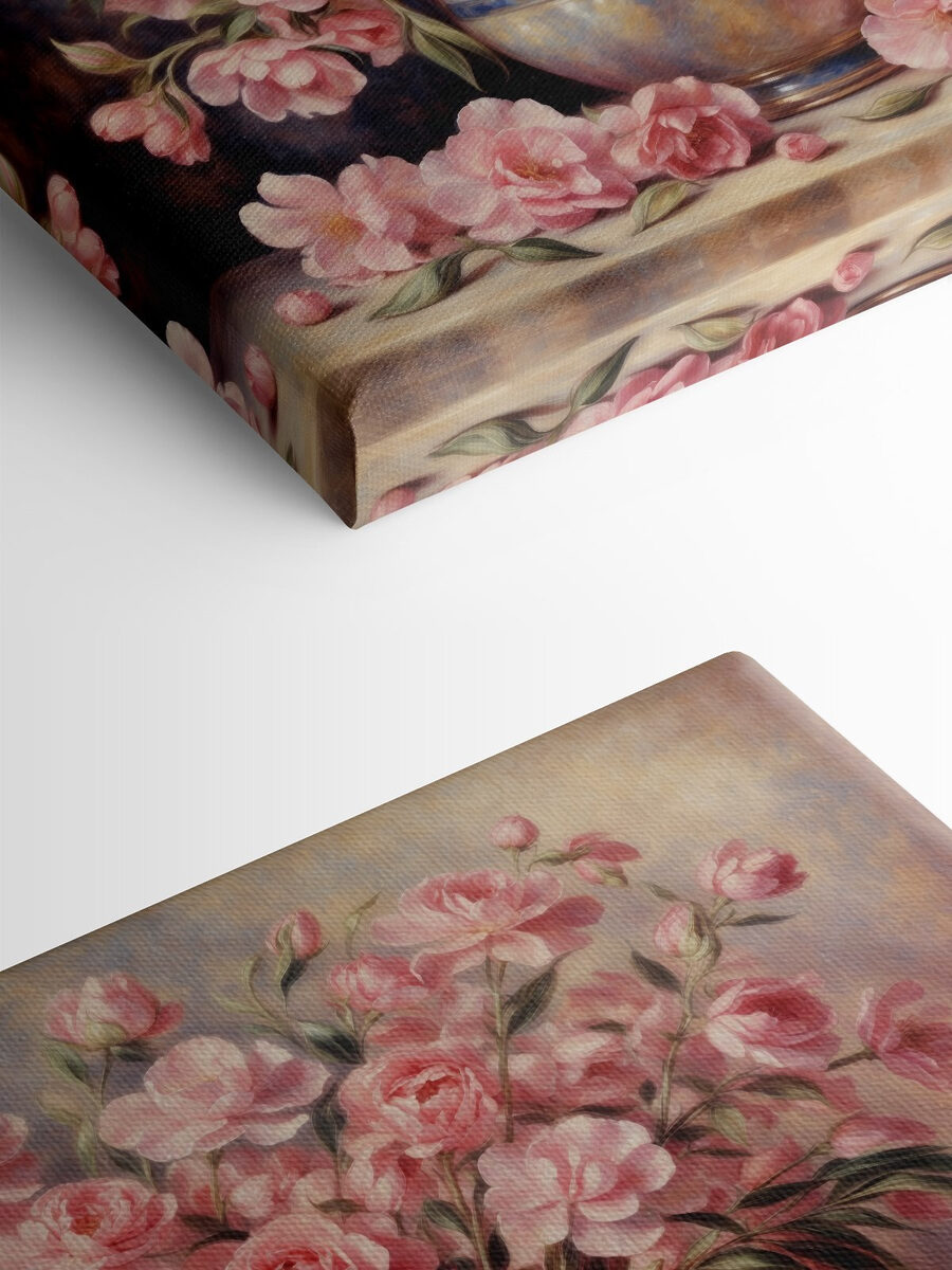 Ein Gemälde mit rosa Blumen in einer Vase