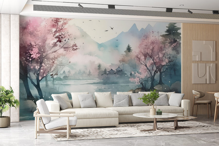 Aquarellmalerei eines Sees mit Bäumen und Bergen