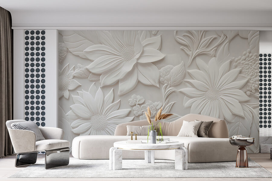 Fototapeten Weiße Wand mit Blumen und Blättern – Bild 3
